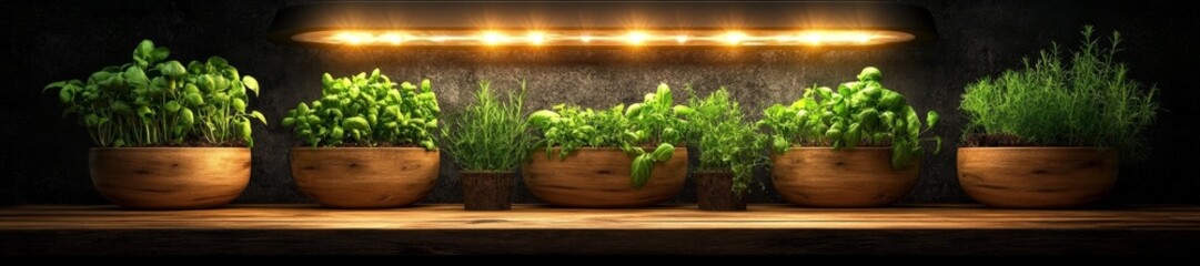 Fototapeta premium Fresh Herbs and Vegetables on a Rustic Wooden Kitchen Counter with LED Lighting. Generative AI