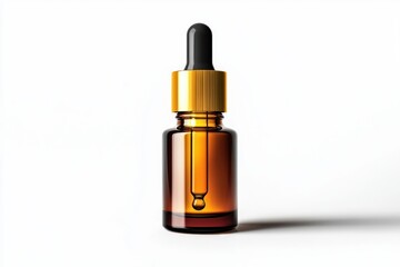 Amber Bottle with Pipette for Cosmetic Liquid, Gold Accent, Natural Light, Isolated on White Background, Wellness