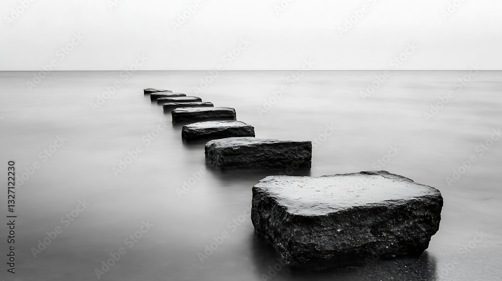 Poster Black and white image of a stone pathway leading through calm water creating a serene atmosphere : Generative AI