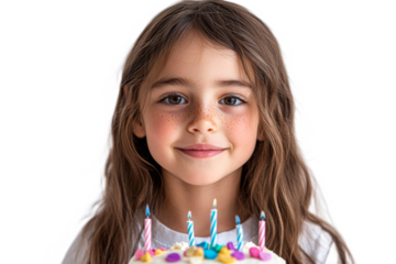 Young girl celebrating birthday with cake and candles