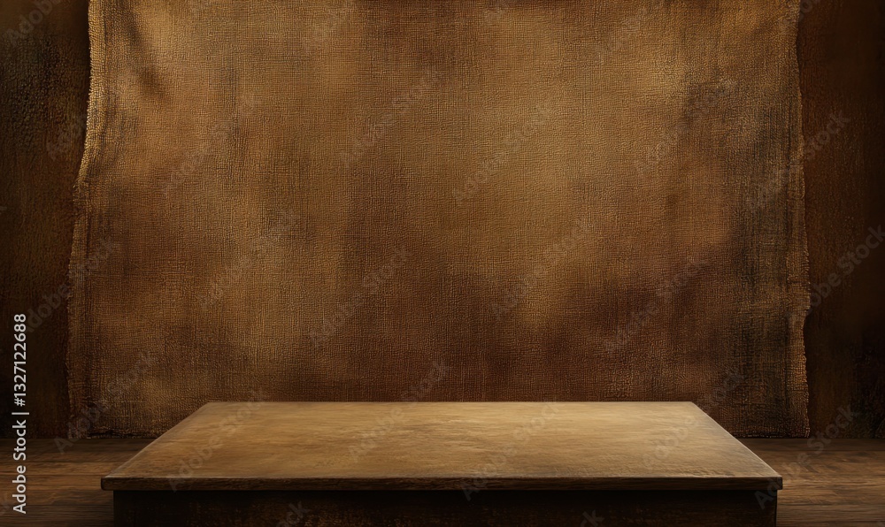 Poster empty wooden table top with burlap backdrop for product display