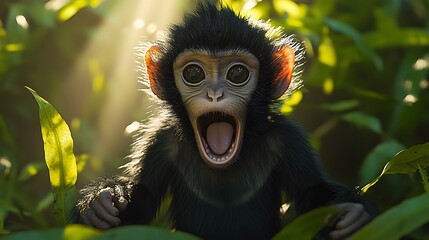 Fototapeta premium Yawning monkey, jungle sunrise, wildlife