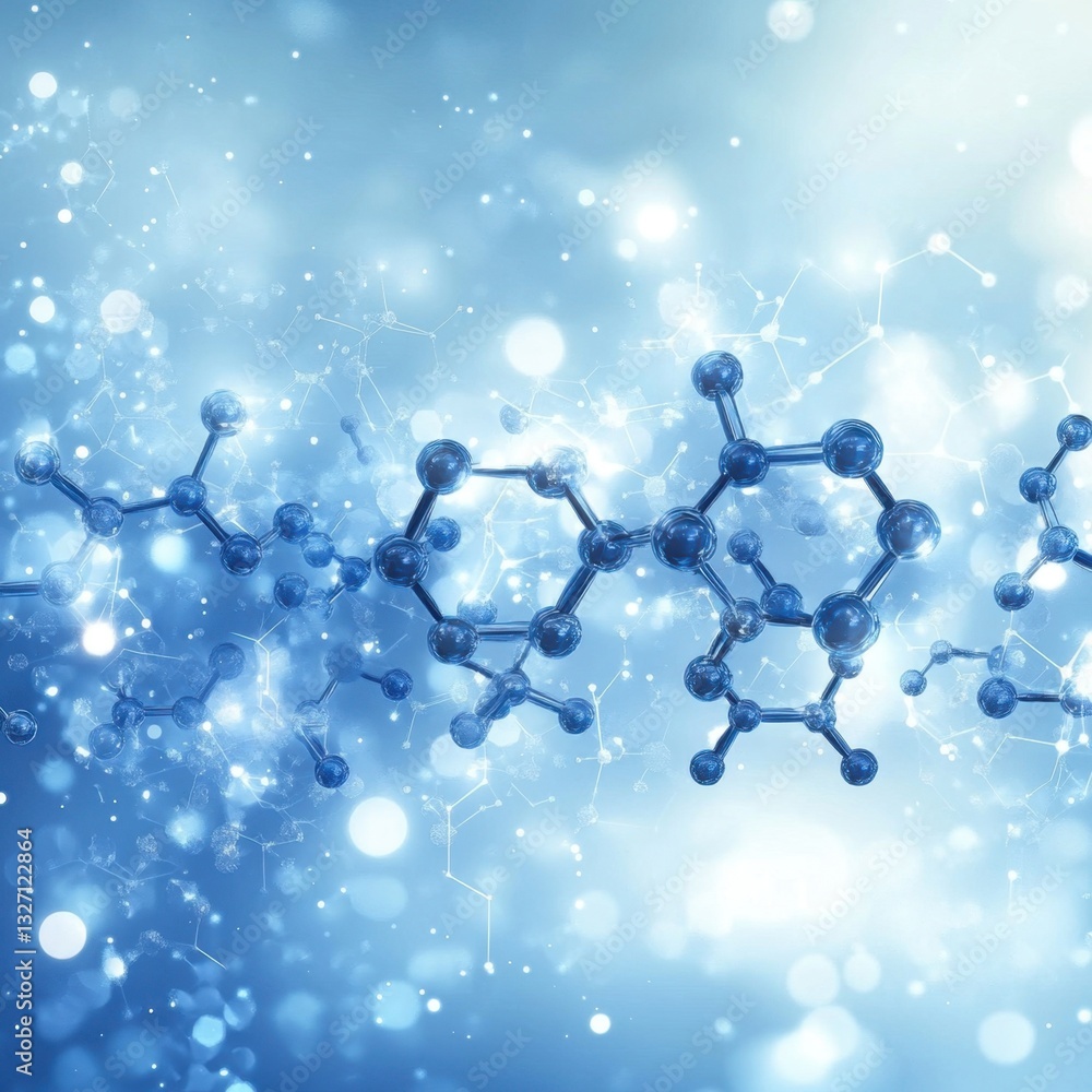 Poster molecular structure with blue spheres and lines on a bright background for science and research conc