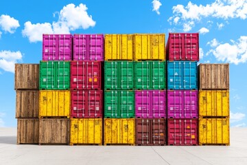 Fototapeta premium A vibrant stack of colorful shipping containers under a blue sky, creating a striking industrial visual.