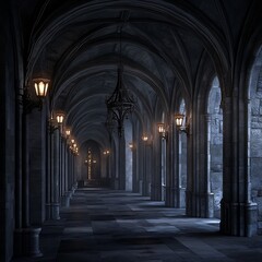 Fototapeta premium Gothic Stone Corridor with Illuminated Lanterns and Detailed Arched Ceiling Vaults