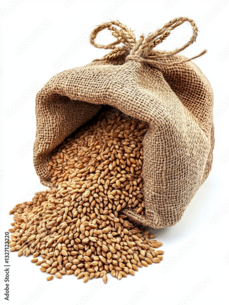 Poster rustic burlap sack overflowing with golden wheat kernels on clean white backdrop in studio lighting