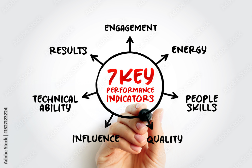 Poster 7 key performance indicators are quantifiable measures that gauge a company's performance, mind map 