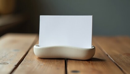 Modern White Business Card Holder on m Wood Table Mockup. A white business card holder sitting on a wooden table.