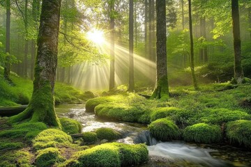 Sunlight streams through a tranquil forest, illuminating a babbling brook.