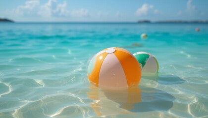 Obraz premium Two Beach Balls in Clear Turquoise Water Under Sunny Sky