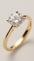Elegant gold ring with brilliant diamond solitaire on soft background for luxury jewelry advertisement