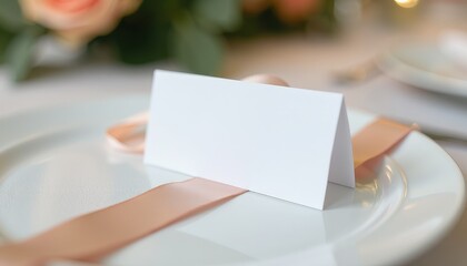 Obraz premium Elegant Place Card Mockup with Pink Ribbon Against Blurred Wedding Background. A place setting with a place card on a white plate.