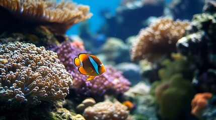 Colorful clownfish swimming gracefully among vibrant coral formations in a stunning underwater scene : Generative AI
