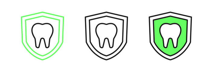 Set line Dental protection icon isolated on white background. Tooth on shield logo. Vector