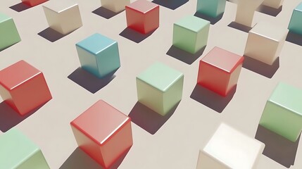 Array of colorful cubes casting shadows on light ground