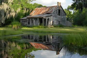 Obraz premium an abandoned house situated near a swampy area