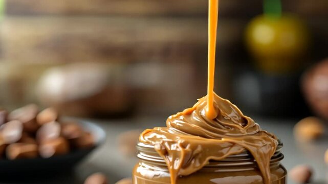Almond butter in glass jar, close-up of spreadable nut butter, on marble surface, with scattered almonds. Possible food photography