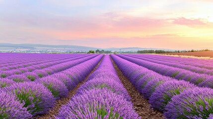 Obraz premium A lavender field with rows of purple plants stretching across a countryside landscape, offering a tranquil and picturesque view.