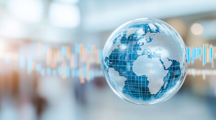 A digital representation of a globe with a network overlay, symbolizing global connectivity and technology in a blurred background.