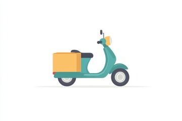 blue scooter with a cardboard box on the back. door-to-door grocery delivery, ordering food and goods in the app online. The scooter is parked on a white background. an illustration.