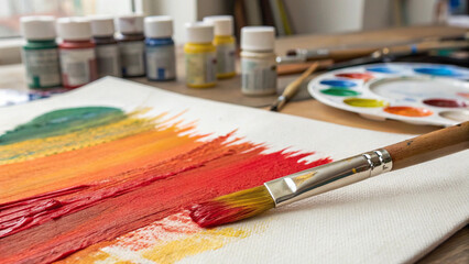 Fototapeta premium Painting in Progress with a Brush on Canvas Showing a Gradient of Colors