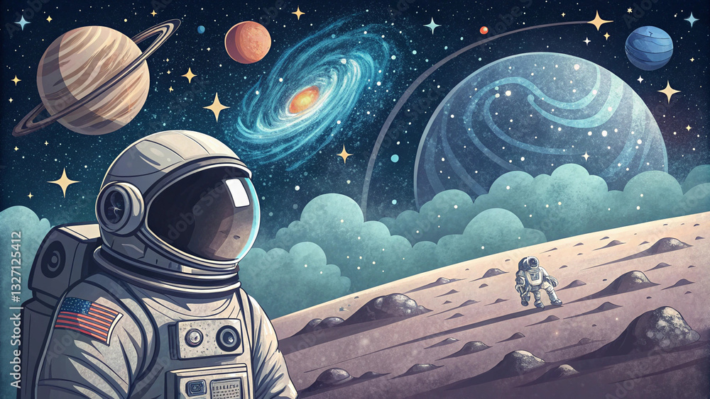 Wall mural astronaut exploring a colorful and dreamy space landscape