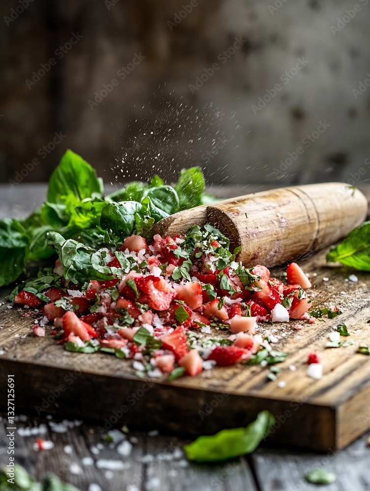 Aufkleber freshly chopped herbs and ingredients on a rustic wooden cutting board creating a culinary masterpie