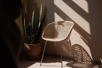 modern dining chair with a wicker seat, chrome legs
