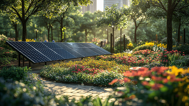 Solar panels generating electricity in city park, modern building background Sustainable development green earth emphasize on environmental conservation, climate change using clean energy Illustration