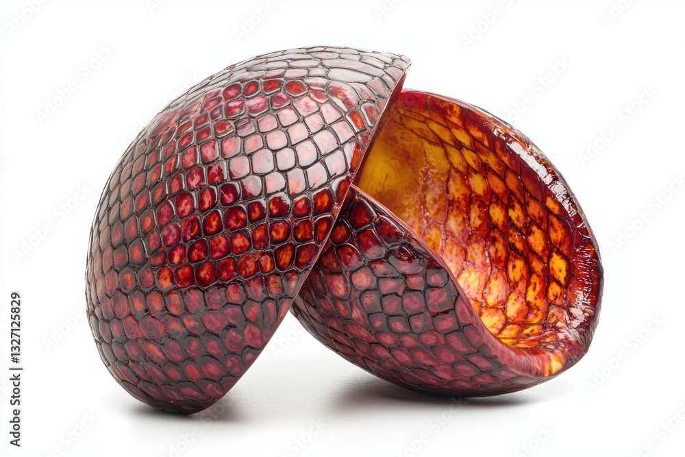 Poster reddish and yellow decorative scales object on plain white background for an abstract textured displ