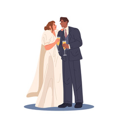 Bride and groom drink champagne. Vector toast with raising glasses from married couple or newlyweds. Wedding ceremony or marriage anniversary symbol. Banquet celebration. Love event with tuxedo, dress