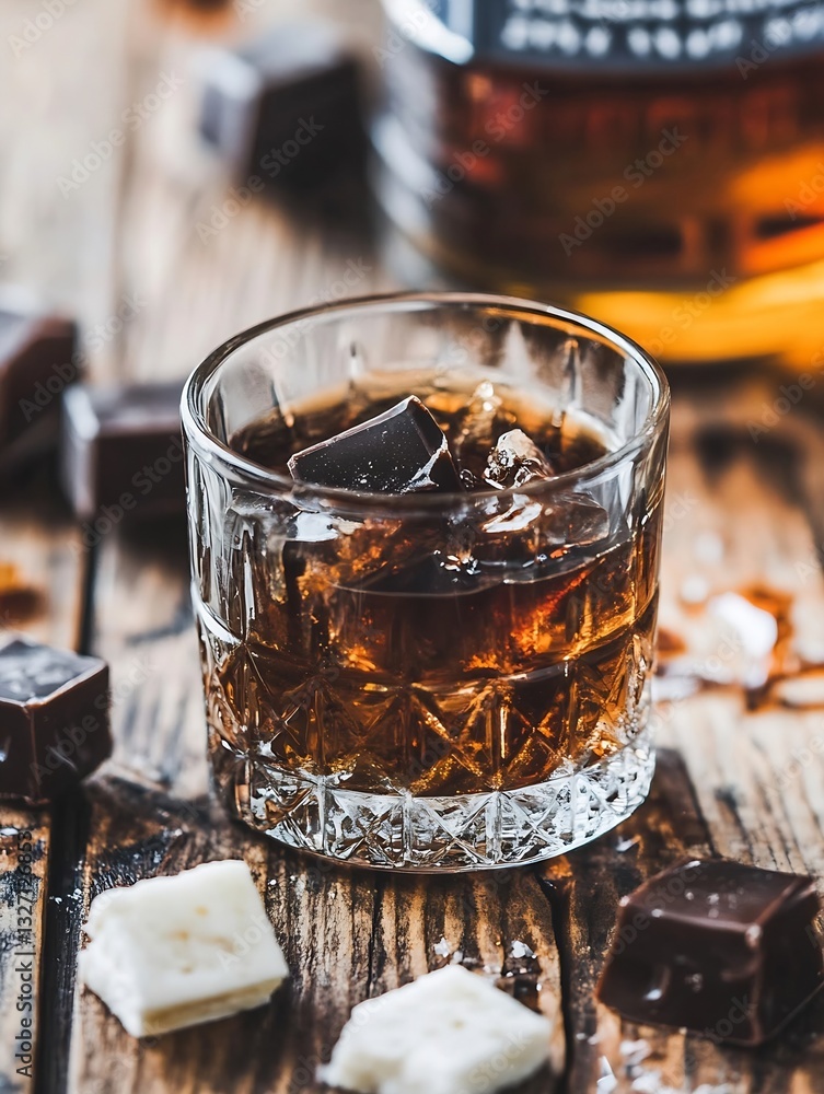 Aufkleber rich glass of whiskey with ice beside delicious assorted chocolate selections : generative ai