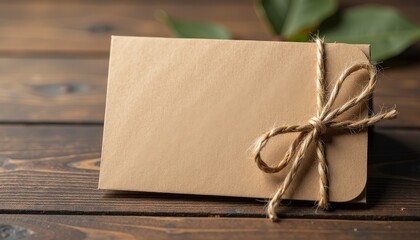 Fototapeta premium Elegant Brown Kraft Paper Gift Box Mockup on Wooden Table with Green Leaves Background. A brown envelope tied with twine on a wooden surface.