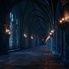 Fototapeta premium Medieval Gothic Cathedral Corridor with Atmospheric Lighting and Dark Ambiance