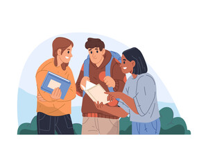 Student group sharing books and discussing academic topic. Vector cartoon poster for students life and teamwork, cooperation. Study or education library team. University and college, school literature