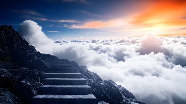 A staircase ascending into the clouds, symbolizing growth and the drive to reach new heights
