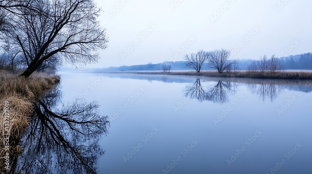 Poster serene landscape featuring a calm river surrounded by trees and soft reflections on a foggy morning 