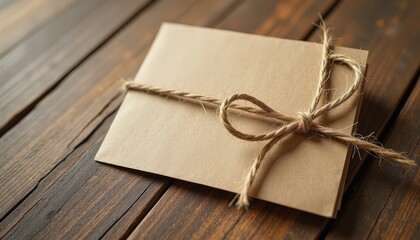 Rustic Wood Table with Brown Cardboard Box Mockup. A brown cardboard box tied with twine on a wooden surface.