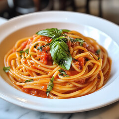 A vibrant plate of Neapolitan spaghetti pomodoro with rich San Marzano tomato sauce, fresh basil, and extra virgin olive oil, served in a cozy Italian trattoria in Naples.