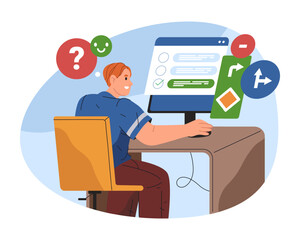Driver taking test at classroom computer. Vector driving theory exam poster. Road rules education and online lesson. Digital auto examination or school assessment. License center, knowledge and study.