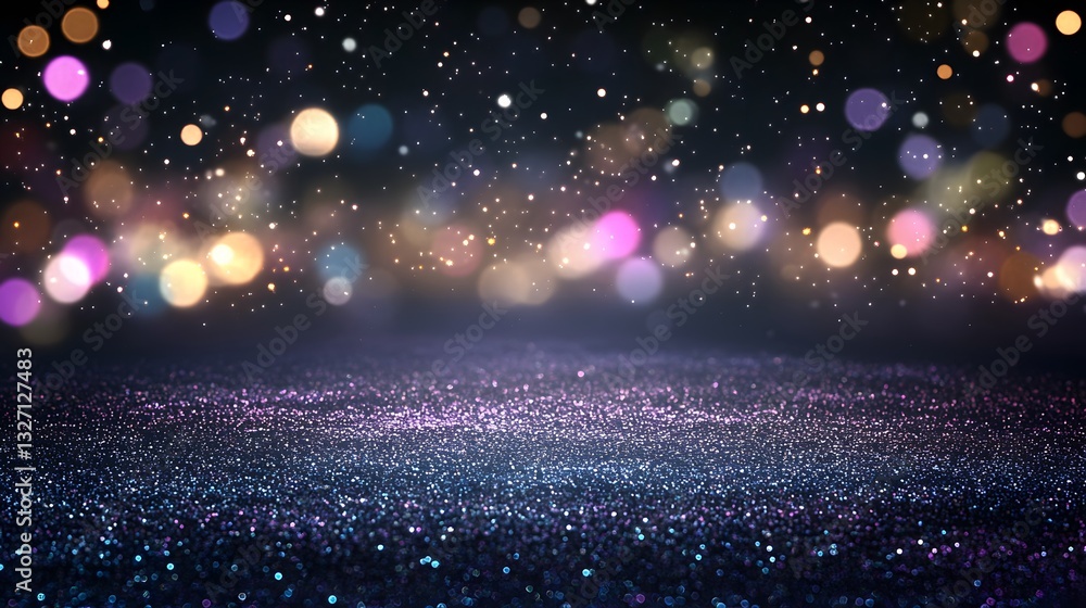 Poster abstract glittery background with blurred and colorful floating light particles