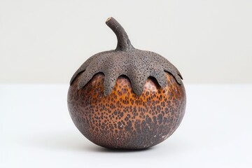 Decorative wooden gourd art piece detail on white surface showcasing unique texture and color nuances