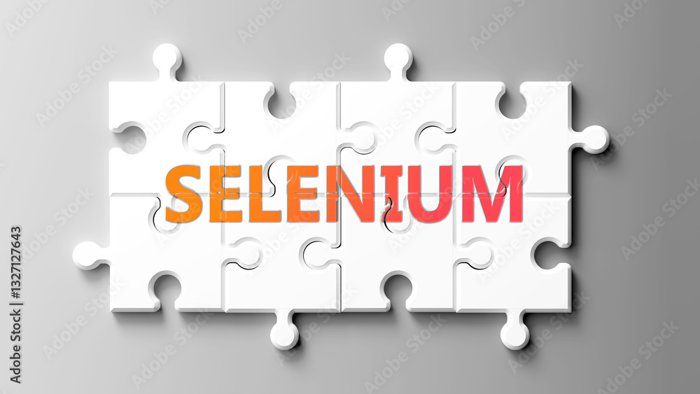 Aufkleber Selenium complex like a puzzle - pictured as word selenium on a puzzle pieces to show that selenium is complex and needs cooperating pieces that fit together. ,3d illustration