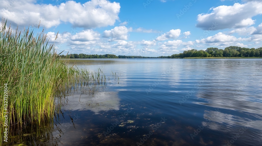 Poster calm lake reflecting the sky and lush greenery creating a peaceful and idyllic nature scene : genera