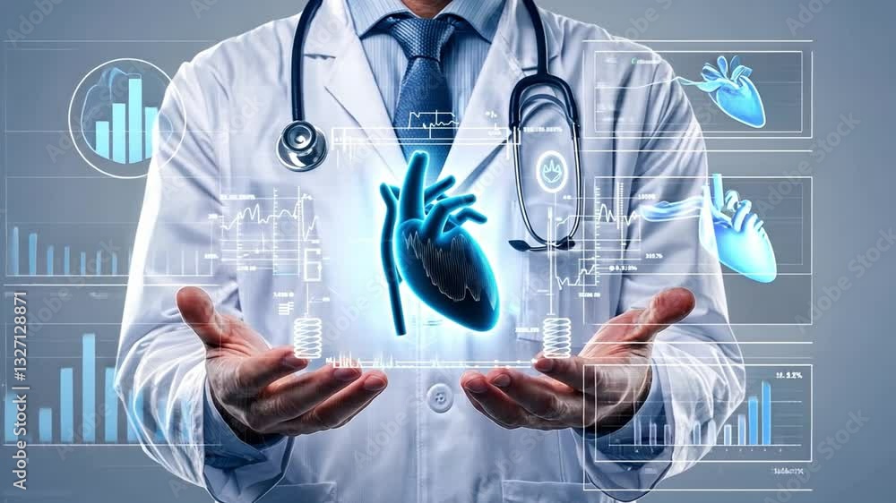 Poster medical professional presenting digital heart model with graphs and data in a clean environment