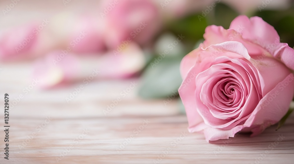 Poster delicate pink rose resting on a wooden surface creating a romantic and serene atmosphere : generativ