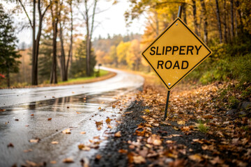 A road sign warns of slippery conditions, framed by autumn foliage and wet pavement, suggesting caution for drivers.