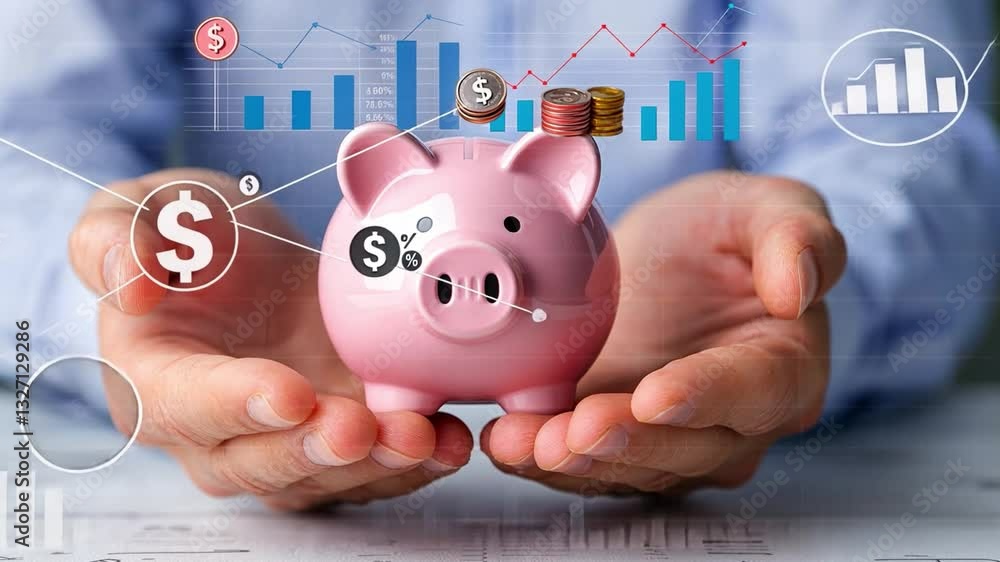 Poster hands holding piggy bank with financial graphs and symbols representing saving and investment concep