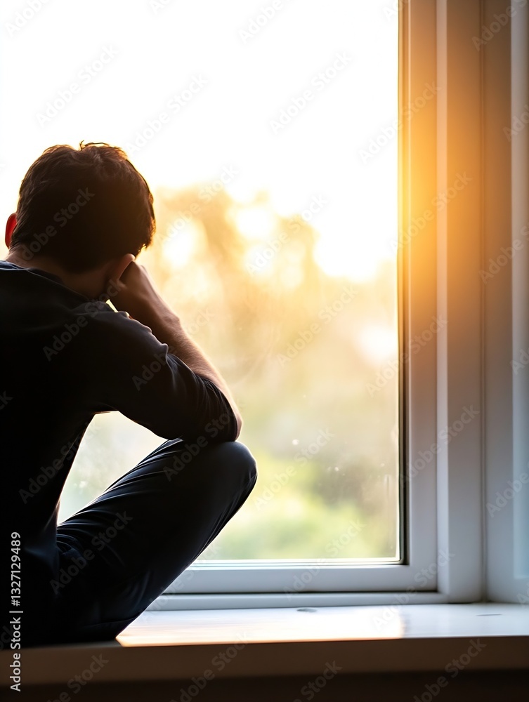 Poster silhouette of a man sitting by the window gazing at the sunset reflecting on a moment of solitude : 