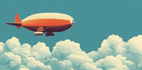 An orange and white blimp floats high above fluffy clouds